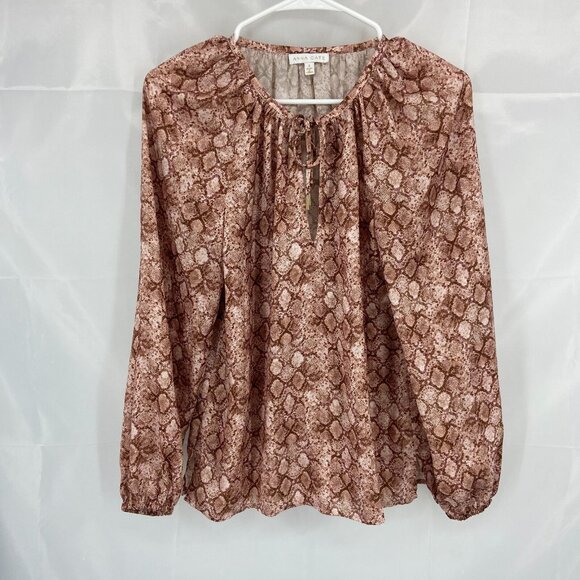 Anna Cate Women S Blouse Snakeskin Print Long Sleeve Oversized Keyhole Tie Neck - Picture 1 of 9